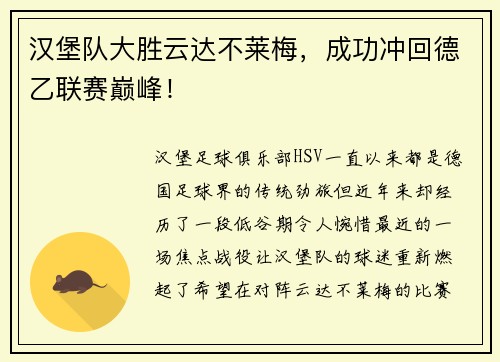 汉堡队大胜云达不莱梅，成功冲回德乙联赛巅峰！
