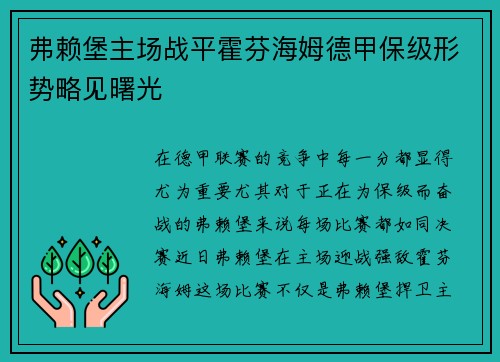 弗赖堡主场战平霍芬海姆德甲保级形势略见曙光