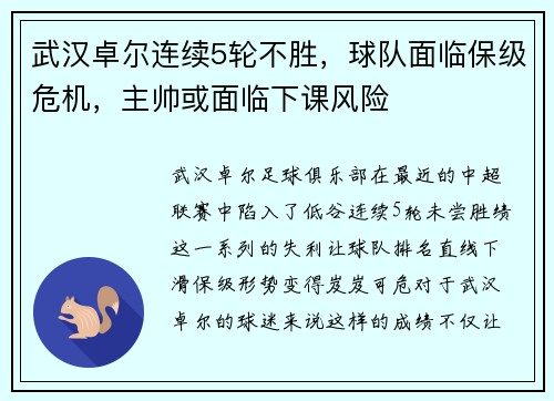武汉卓尔连续5轮不胜，球队面临保级危机，主帅或面临下课风险