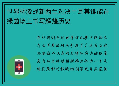 世界杯激战新西兰对决土耳其谁能在绿茵场上书写辉煌历史